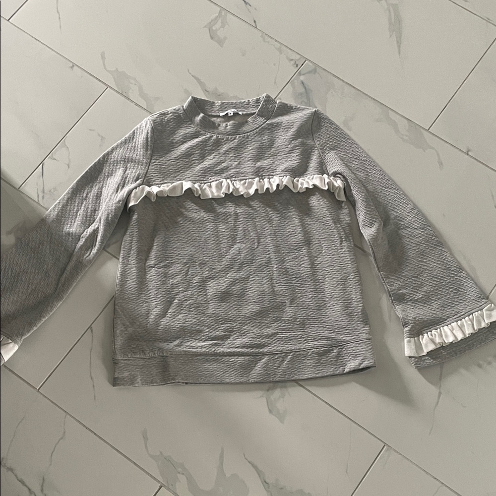 Womens Gray Ruffle-Trim Pullover Sweatshirt